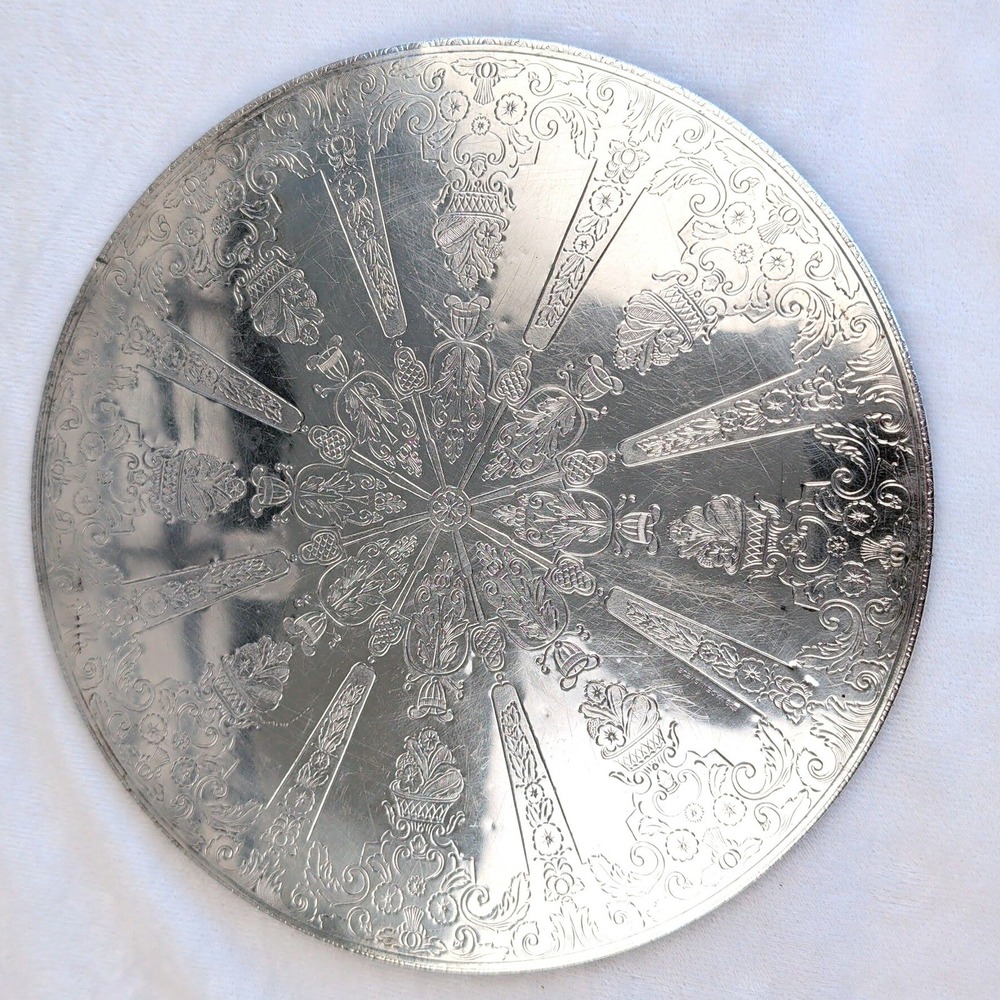 EPB Swedish Silver Plate Round Floral Embossed Tray 10in Cork Back Sweden